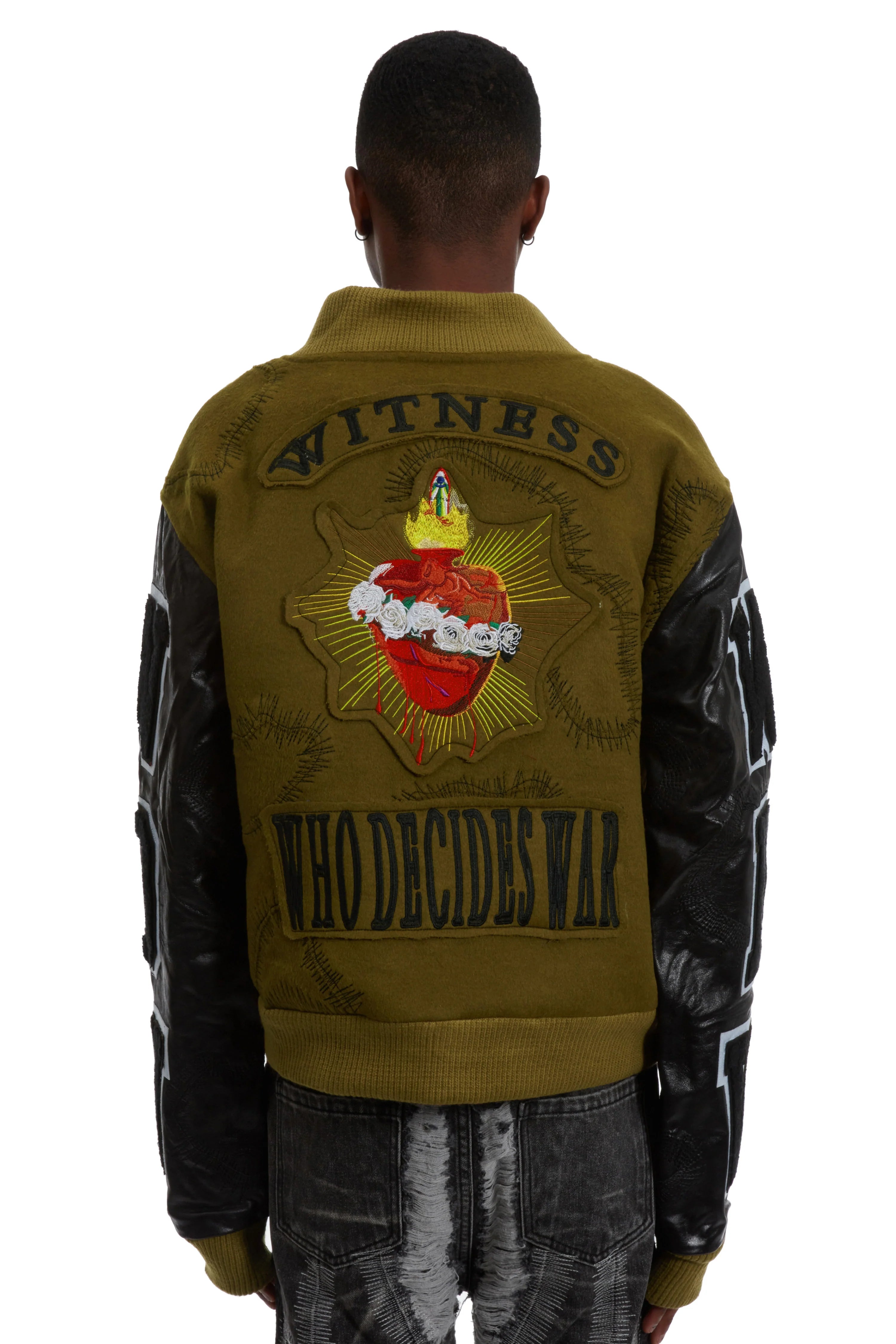 WHO DECIDES WAR Namesake Varsity Olive Jacket