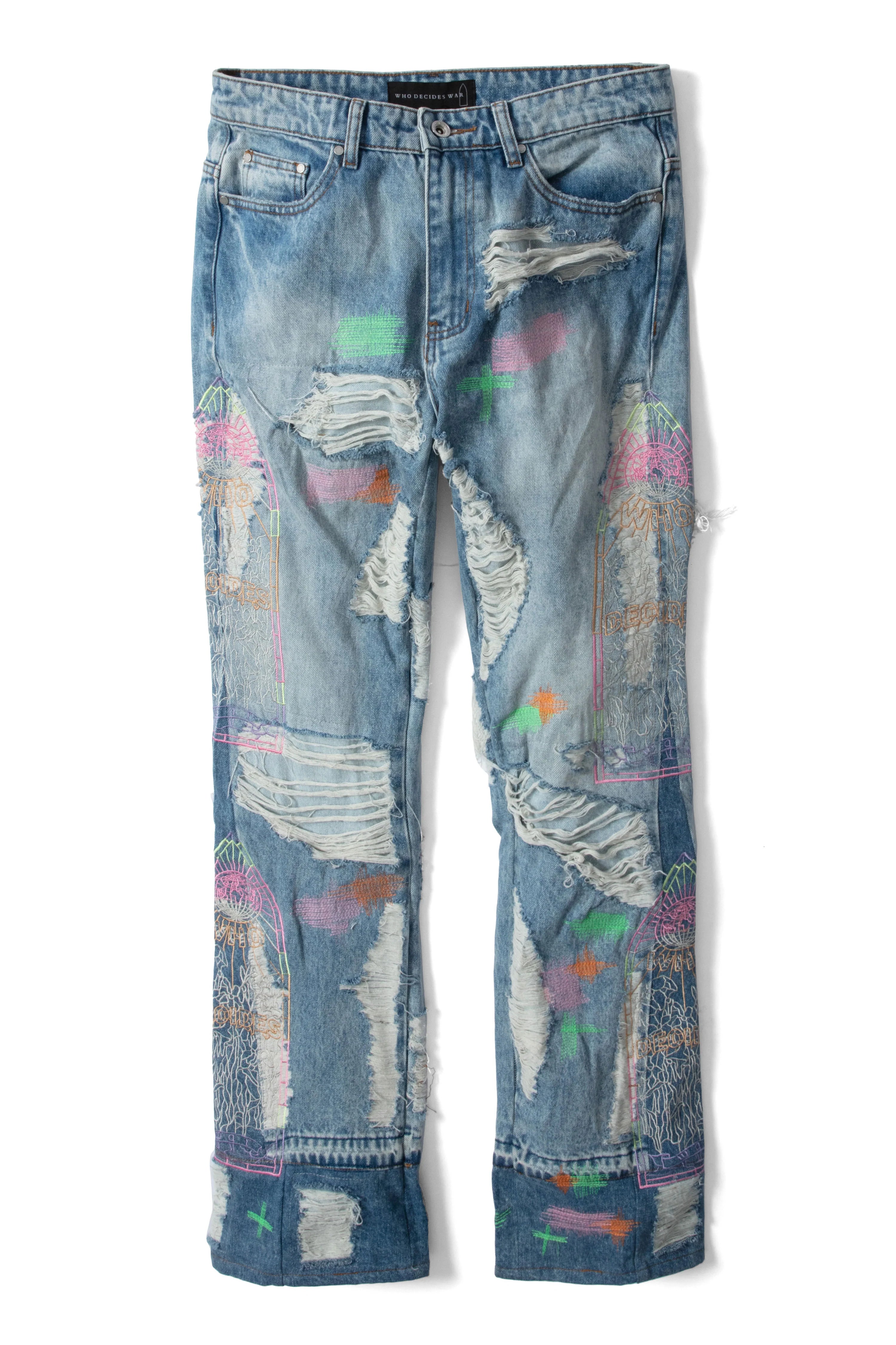 WHO DECIDES WAR Technicolor Embroidery Denim Jeans