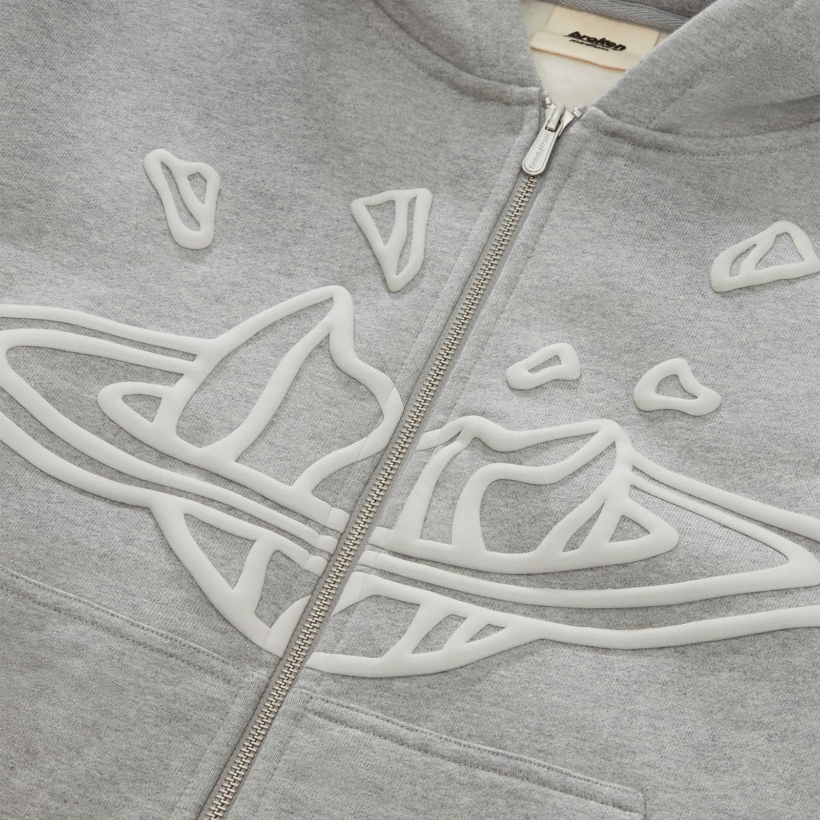 Broken Planet Puff Print Gray Zip Up Hoodie