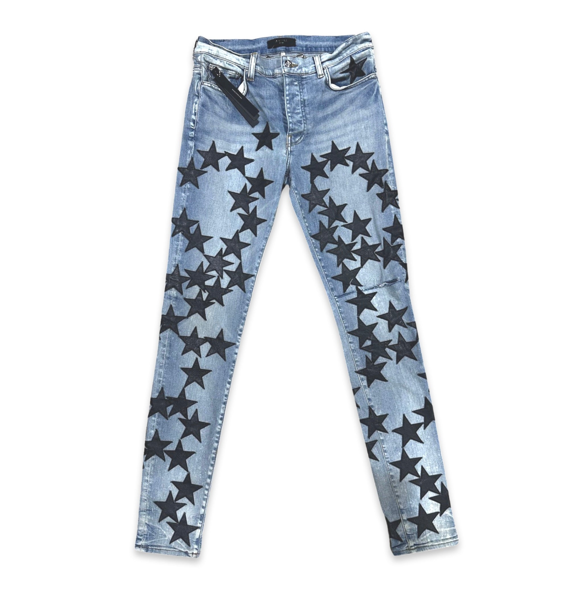 AMIRI Light Indigo Leather Chemist Leather Embroidery Stars Denim Jeans Pants