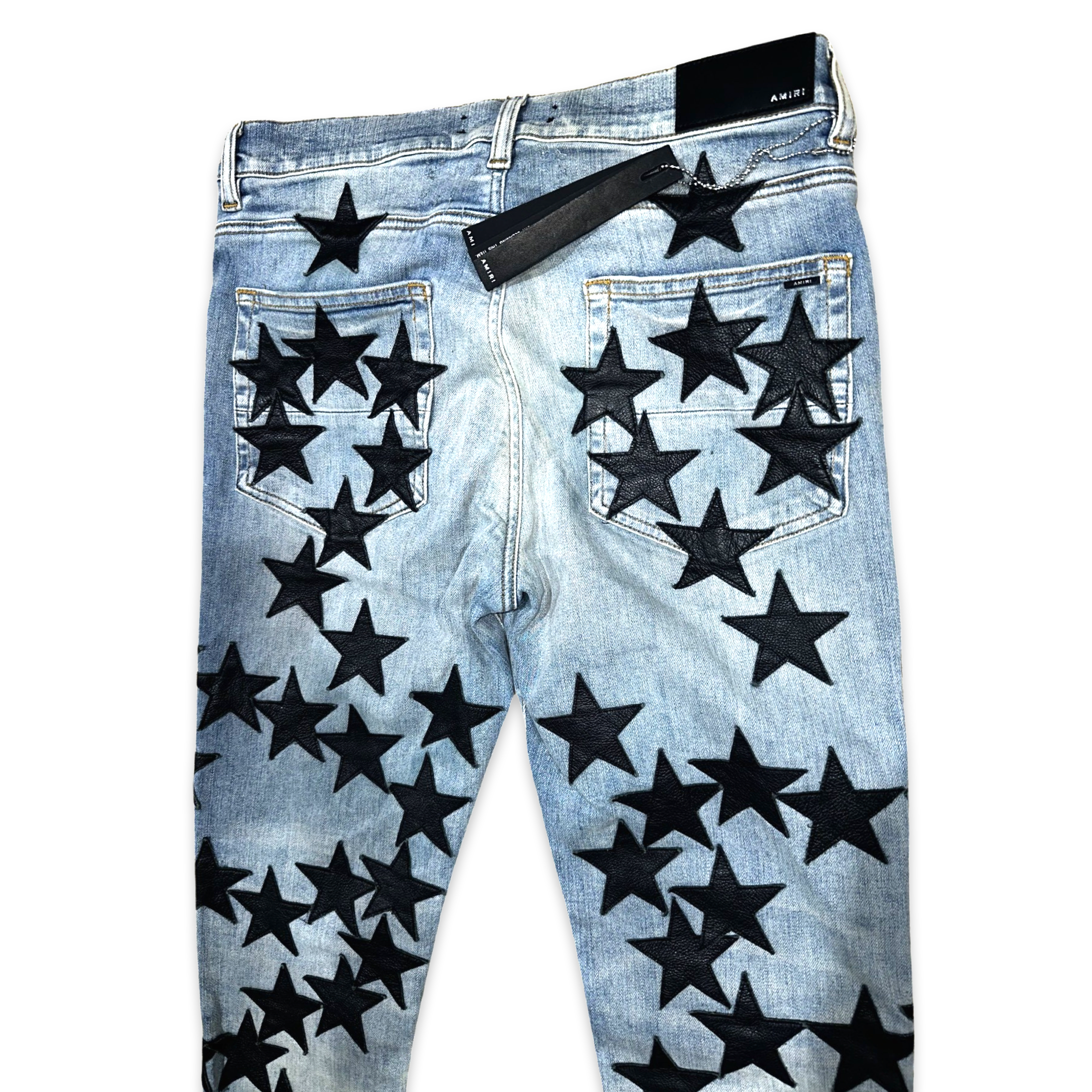 AMIRI Light Indigo Leather Chemist Leather Embroidery Stars Denim Jeans Pants