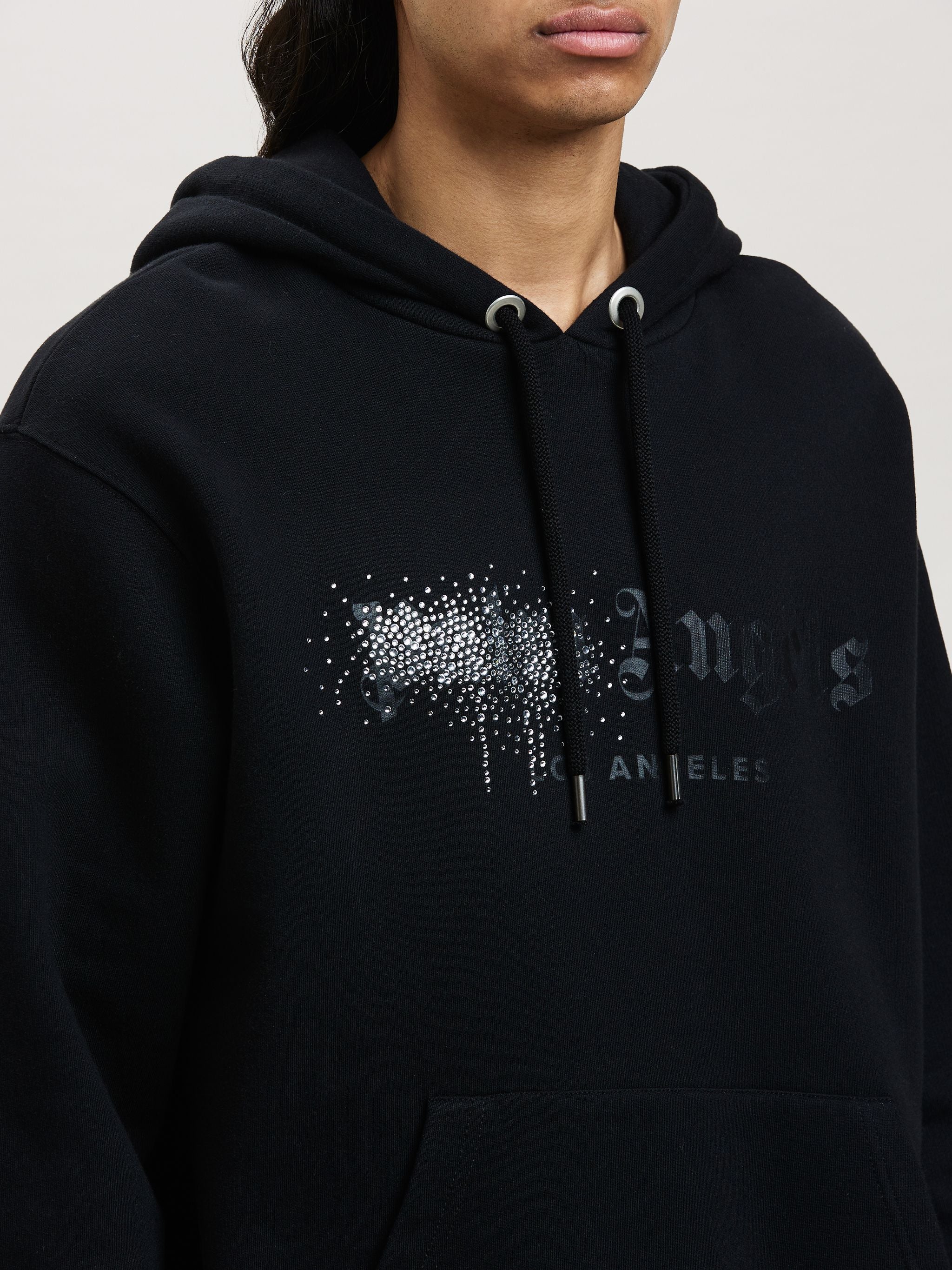 PALM ANGELS Rhinestone Sprayed Black on Black Hoodie