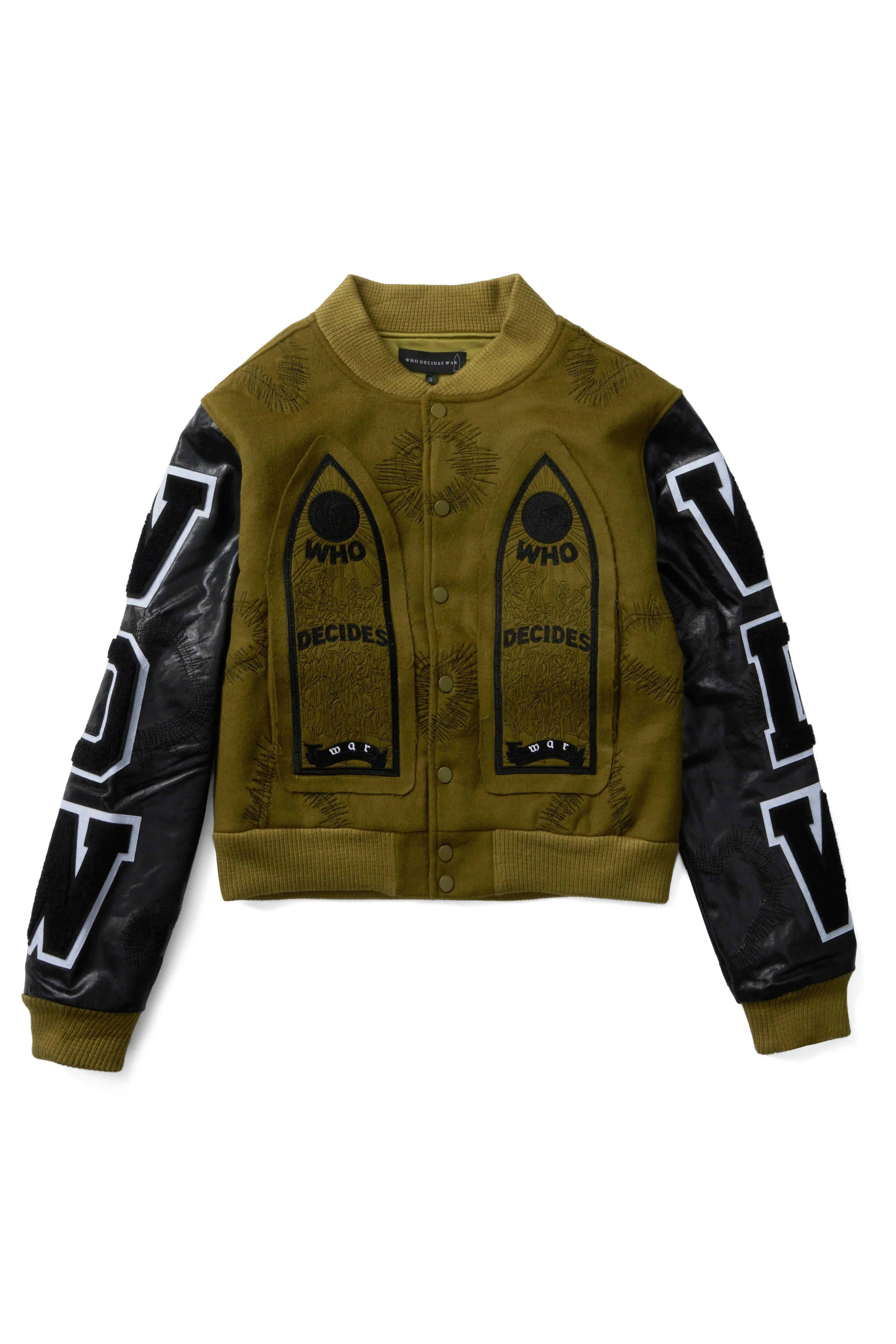 WHO DECIDES WAR Namesake Varsity Olive Jacket