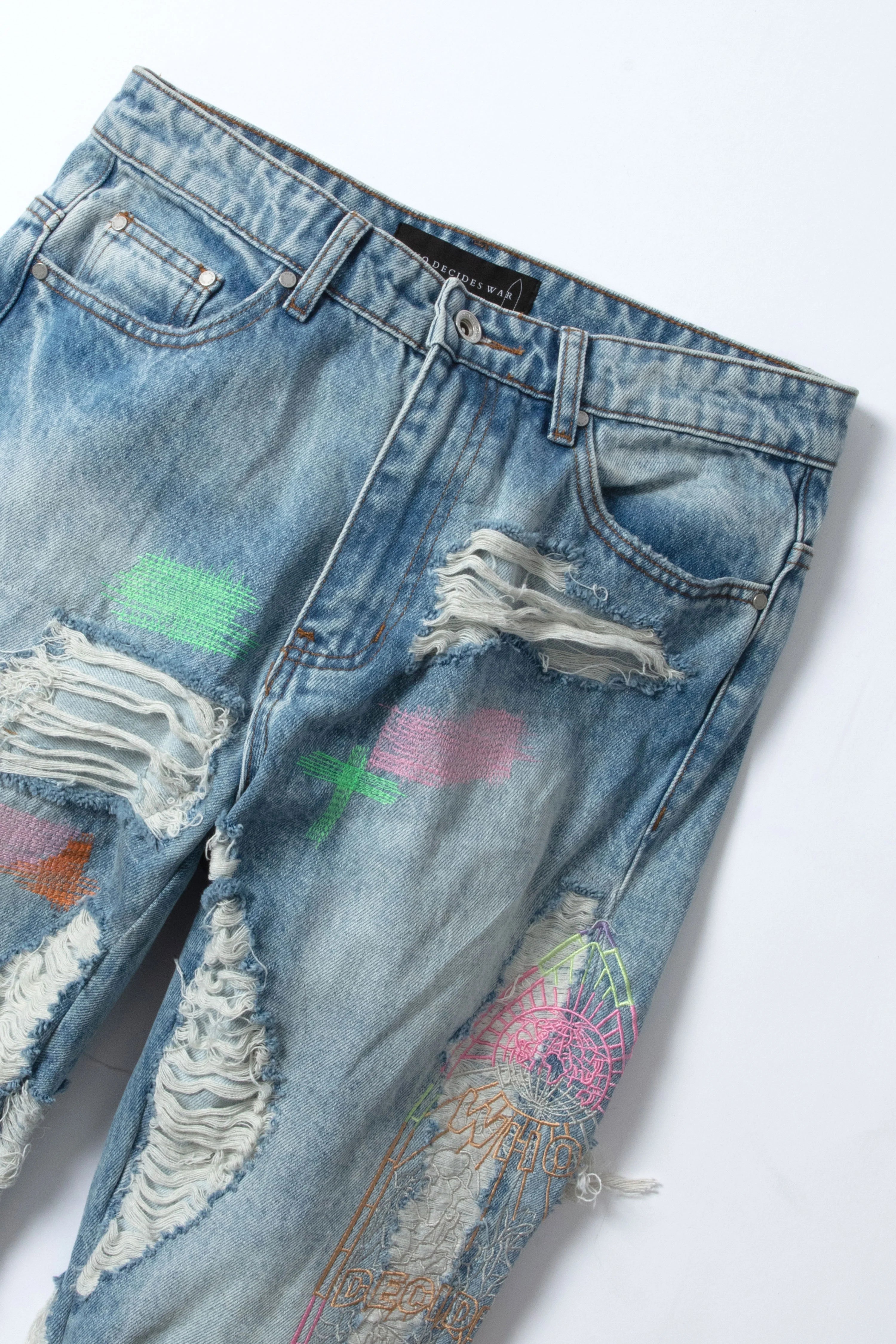 WHO DECIDES WAR Technicolor Embroidery Denim Jeans