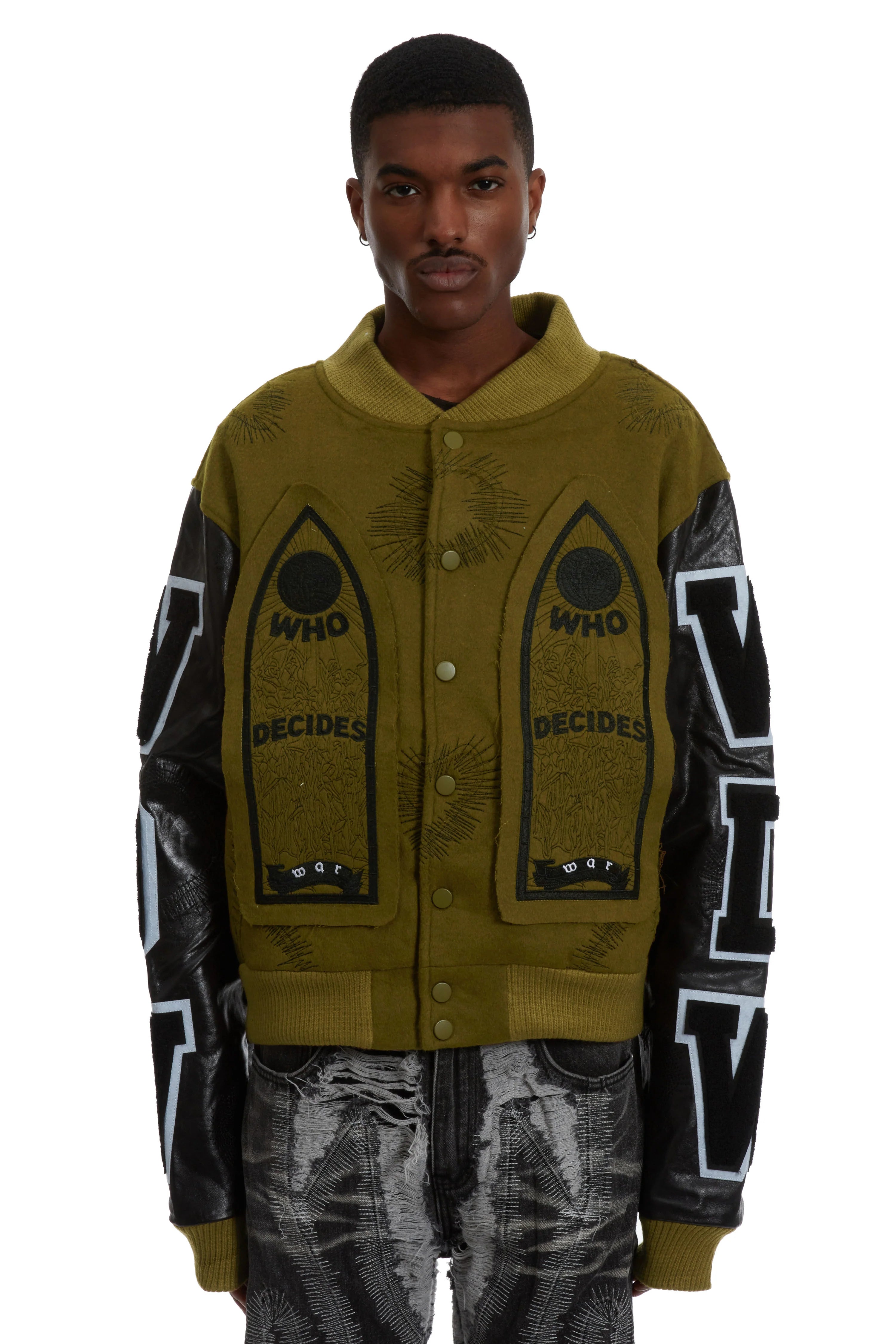 WHO DECIDES WAR Namesake Varsity Olive Jacket