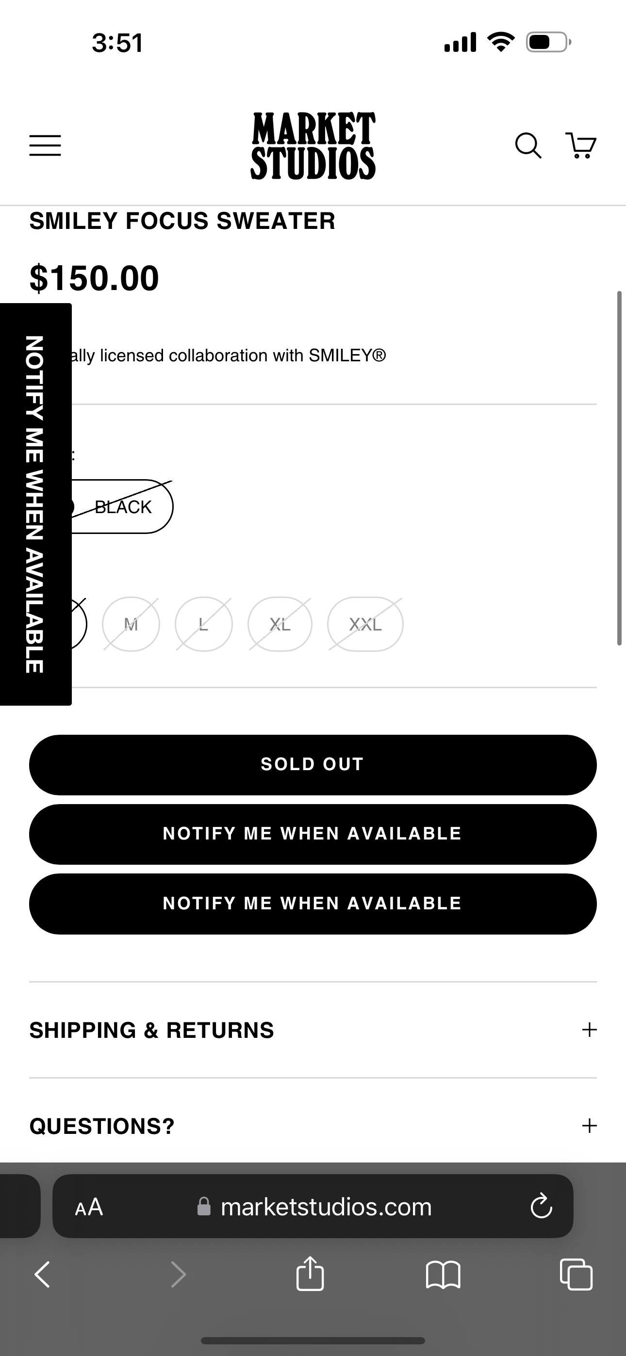 Market Studios x Smiley Knitted  Black Crewneck MSRP $150