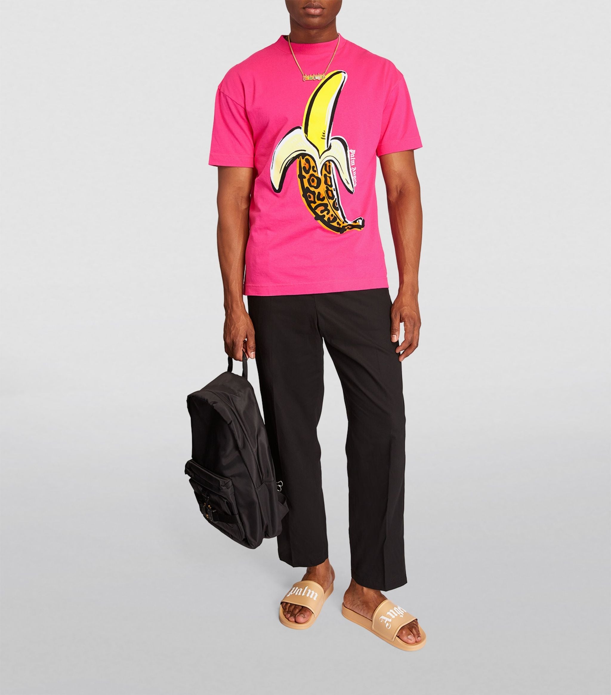 PALM ANGELS Logo Banana Leopard Fuchsia Yellow Tee